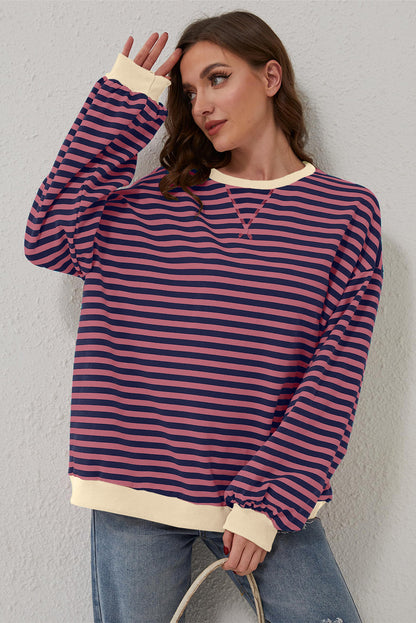 Cozy red striped oversized pullover with contrast trim