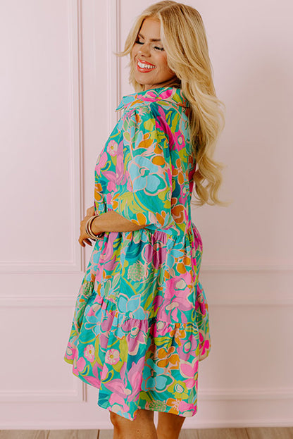 Floral green puff sleeve tiered shirt dress for a chic look