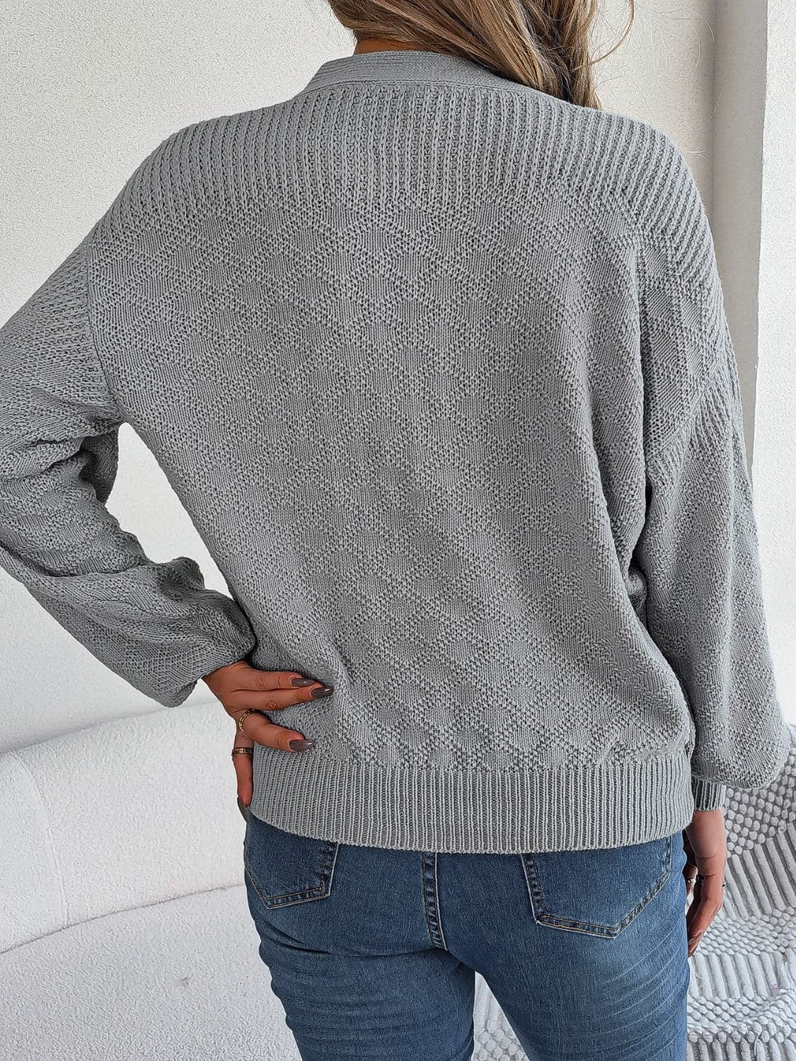 Chic half-button v-neck long sleeve knit pullover