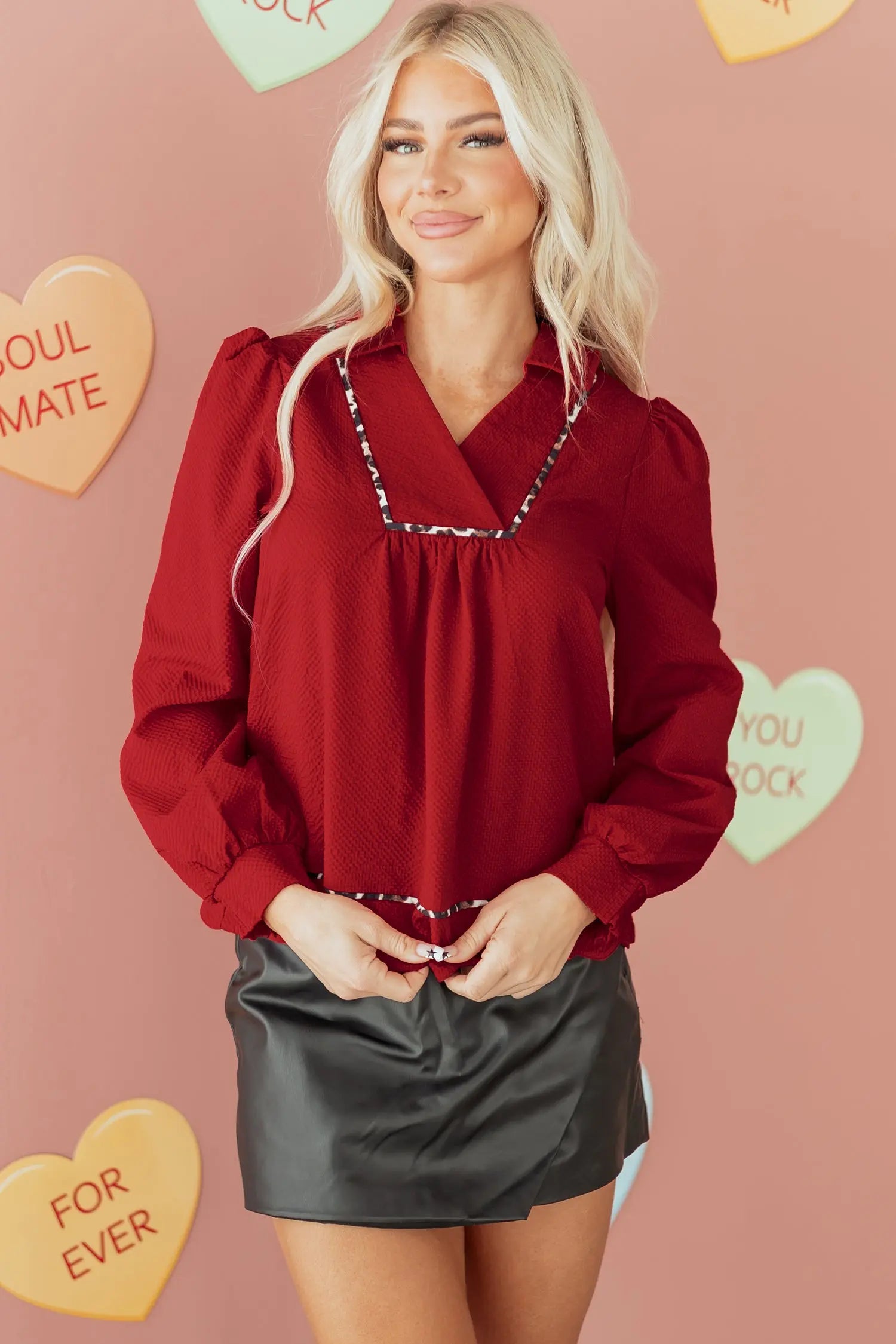 Fiery Red Collar V Neck Leopard Print Textured Blouse Dear-Lover Dropshipping