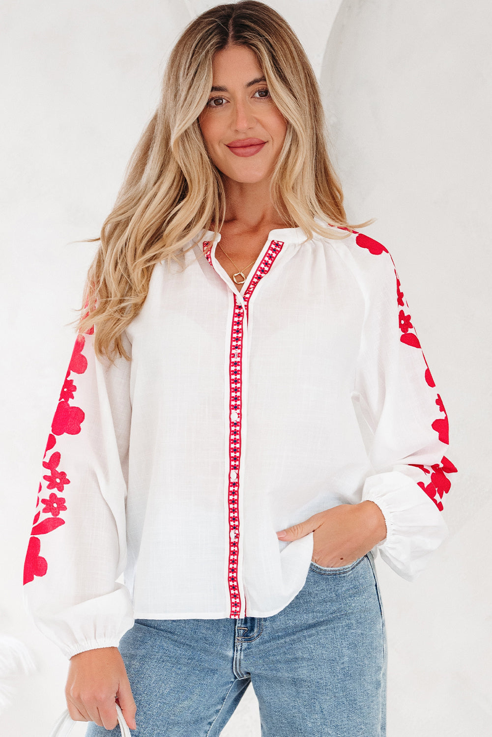 Premium White Floral Embroidered Puff Long Sleeve Casual Shirt Dear-Lover Dropshipping