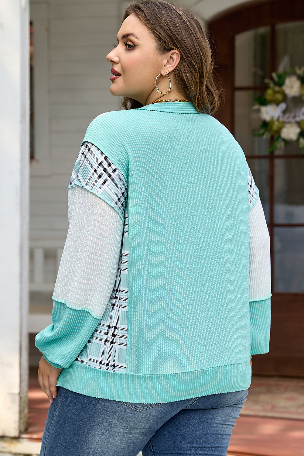 Aruba Blue Twist Ribbed Color Block Patchwork Plus Size Top Dear-Lover Dropshipping