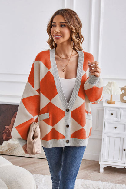 Geometric Lantern Sleeve Cardigan with Pockets.