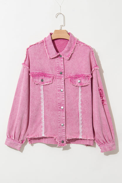 Chic pink lace and distressed denim jacket with button closure