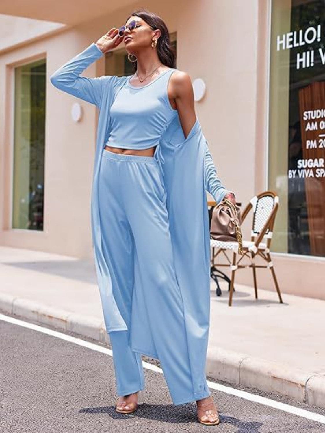 Three-piece drawstring tank, long sleeve cover-up, and pants ensemble