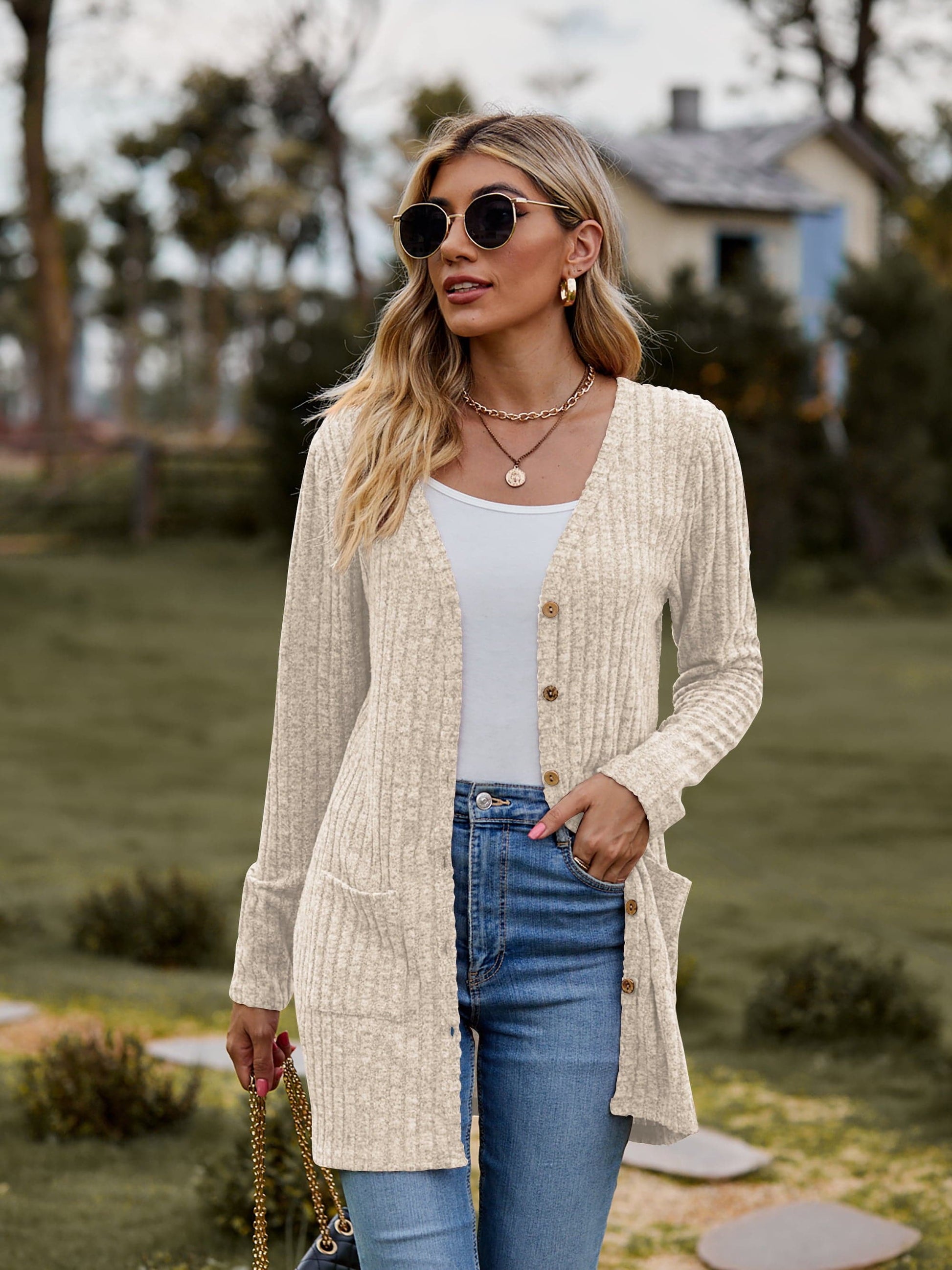 Ribbed Button-Up Cardigan with Pockets.