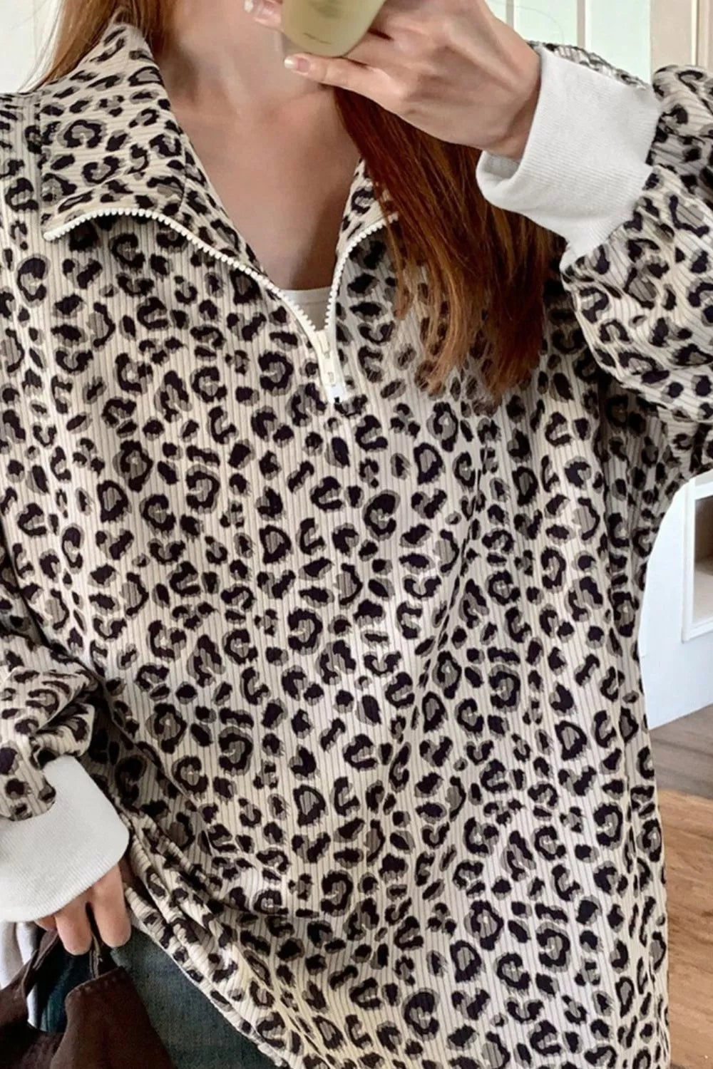 Leopard Print Quarter-Zip Sweatshirt Simply Love