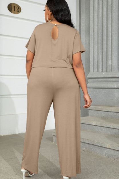 Plus Size Drawstring Waist Short Sleeve Jumpsuit.