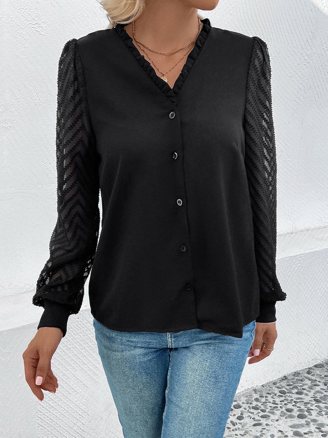 Mesh V-Neck Button Front BlouseExperience Elegance: Mesh V-Neck Button Front Blouse
 Indulge in sophistication with our Mesh V-Neck Button Front Blouse, a stunning piece that effortlessly combinesLove Salve -Neck Button Front BlouseBlouses