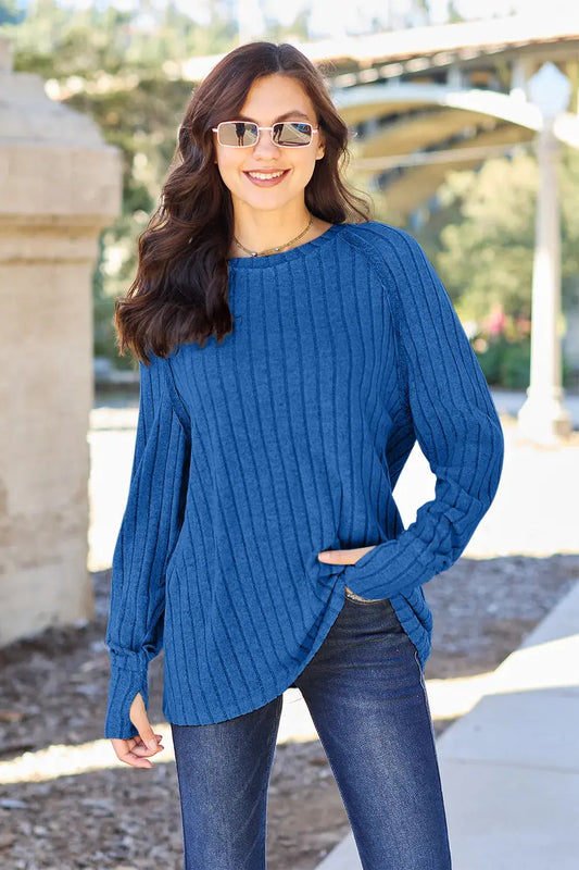 Basic Bae Full Size Ribbed Round Neck Long Sleeve Knit Top - Love Salve