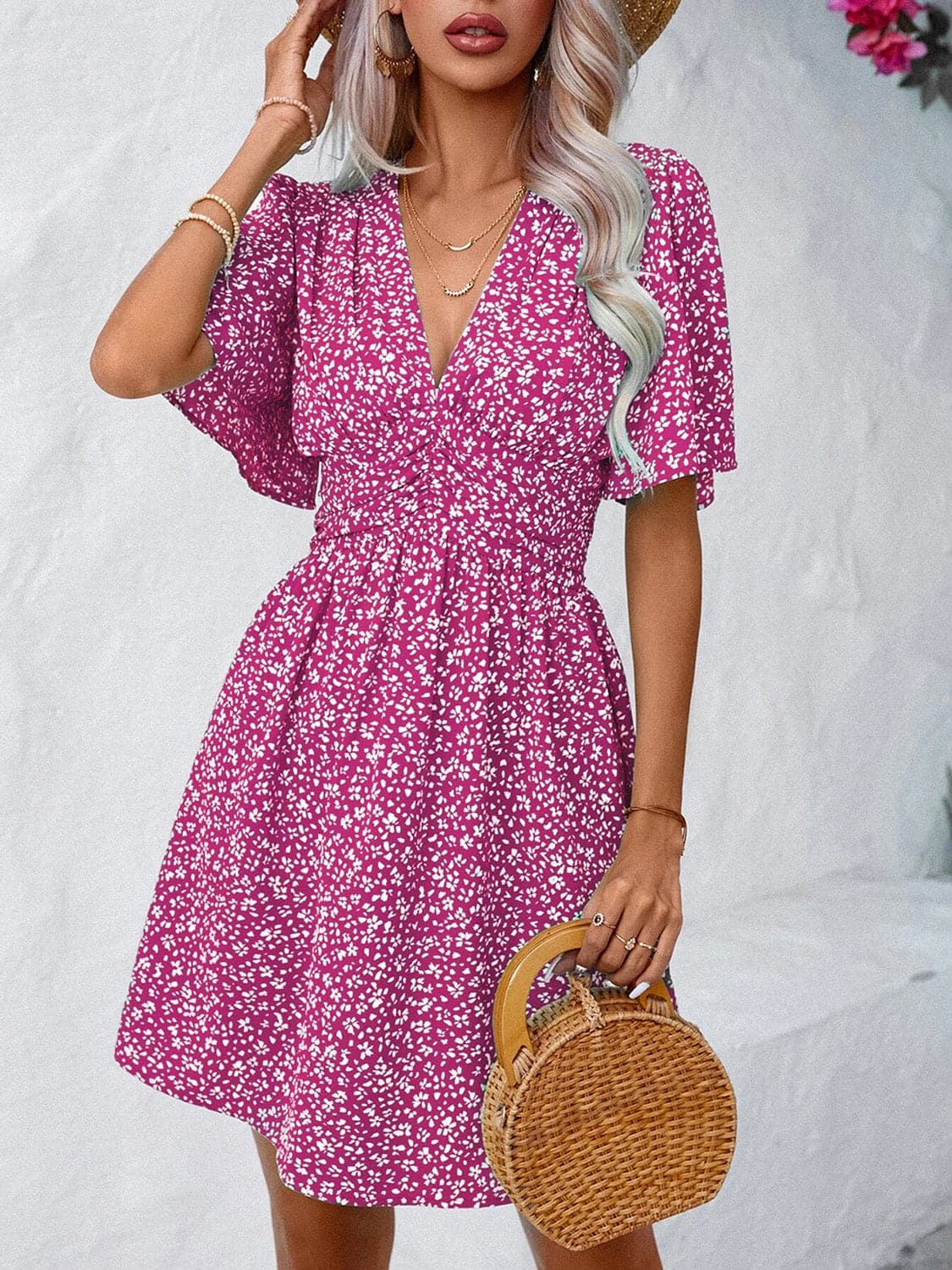 Printed V-Neck Half Sleeve Mini Dress.