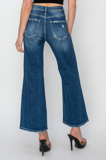 Risen Full Size High Rise Patch Detailed Wide Leg Crop Jeans.