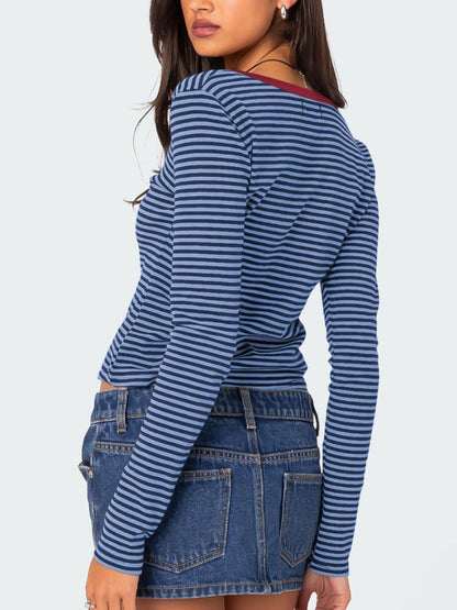 Striped button-up long sleeve tee