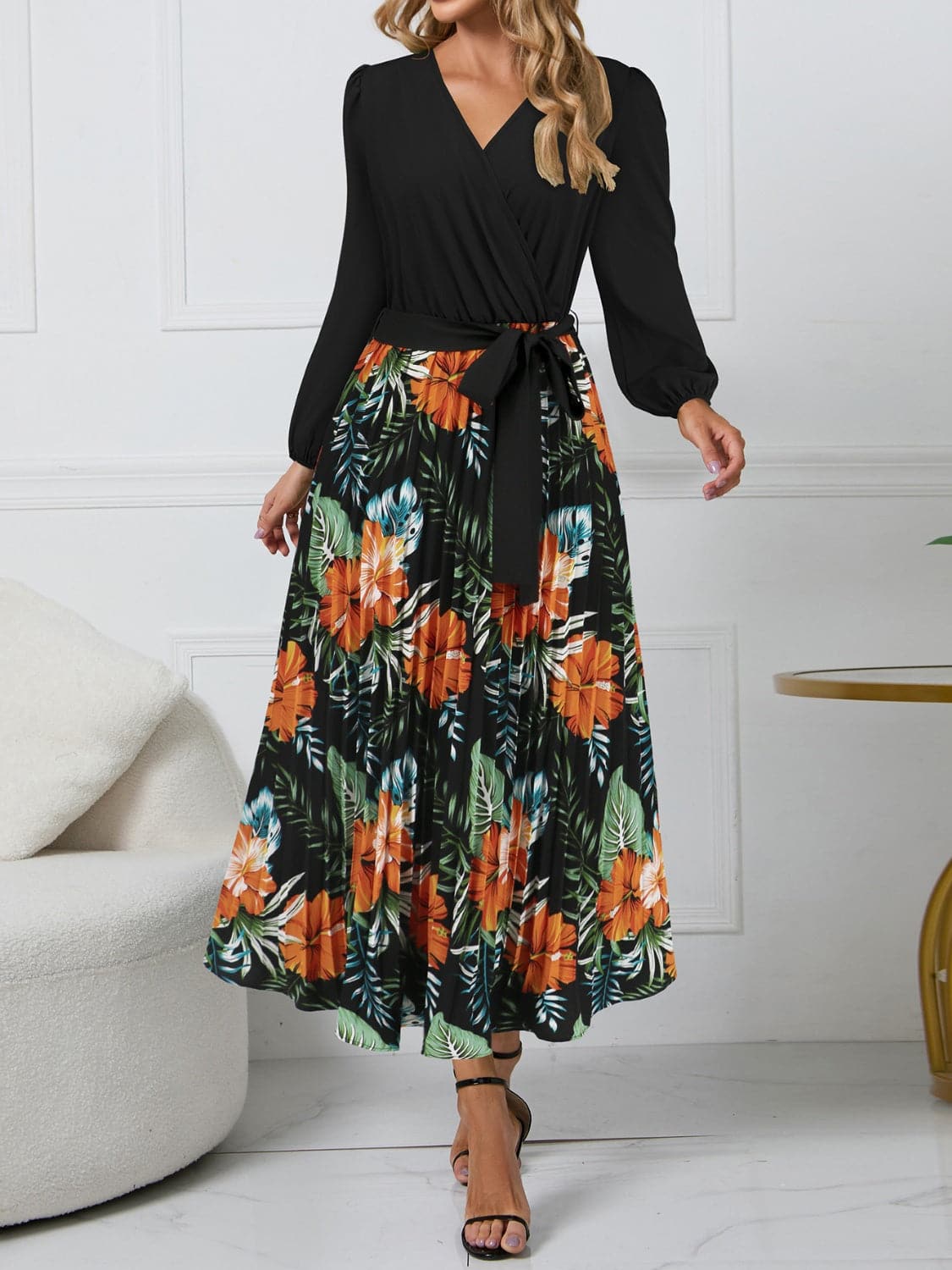 Pleated Printed Surplice Long Sleeve Dress.