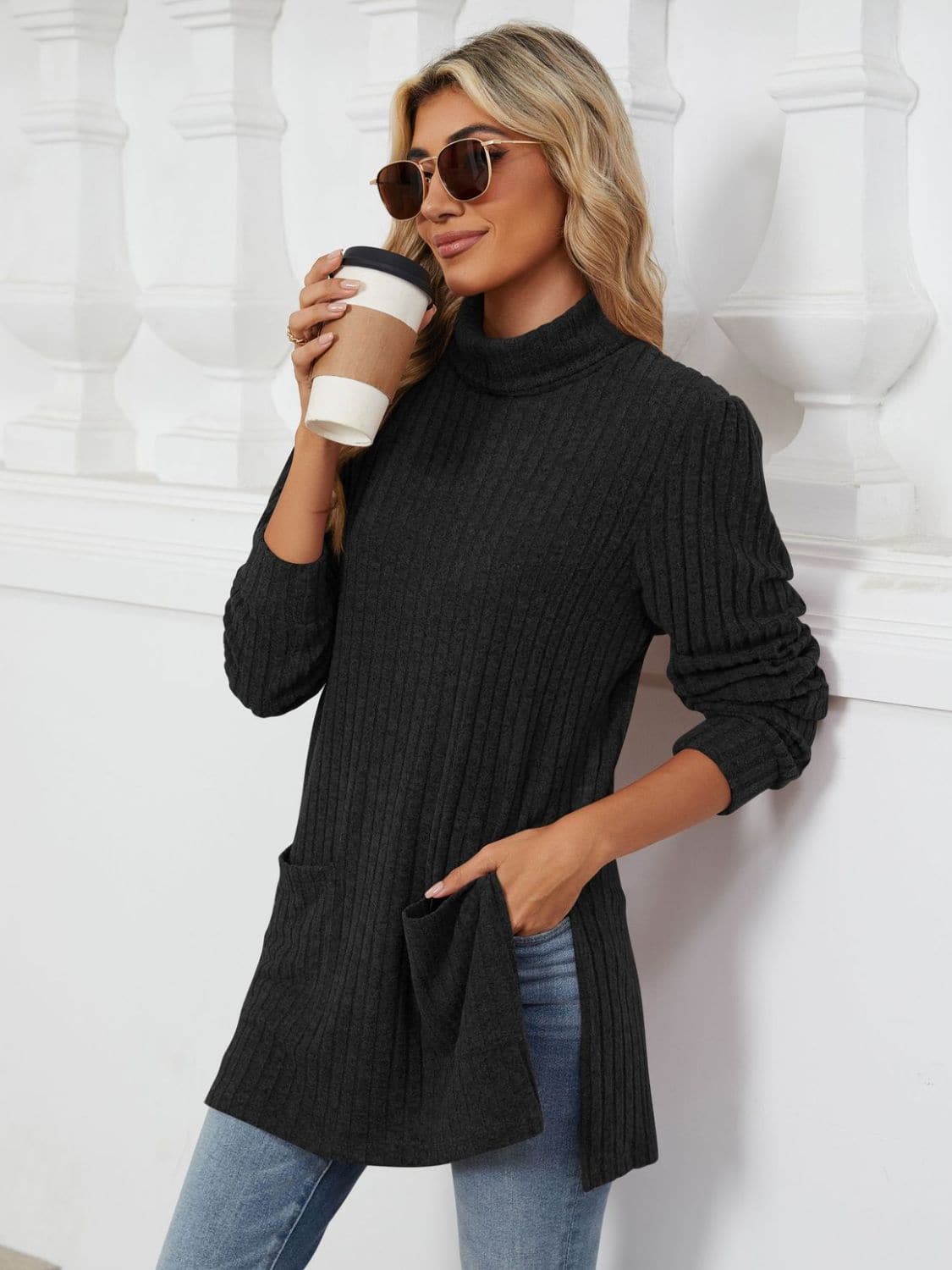 Slit Mock Neck Long Sleeve T-Shirt.