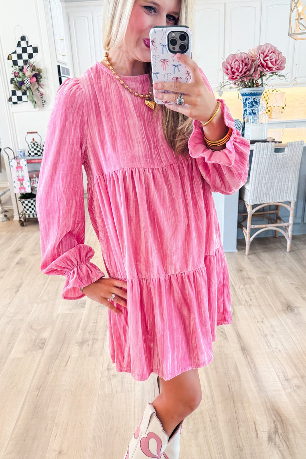 Playful strawberry pink velvet mini dress with flounce sleeves and tiered ruffles