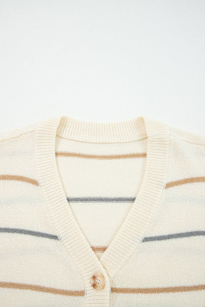 Multicolour Striped Buttoned V Neck Drop Shoulder Cardigan