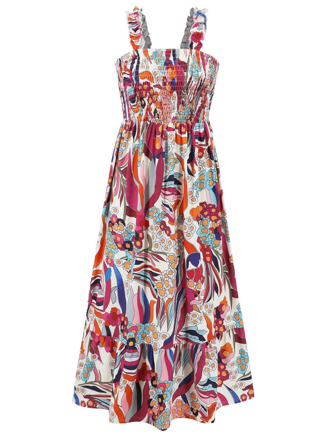 Smocked Printed Square Neck Sleeveless Dress.