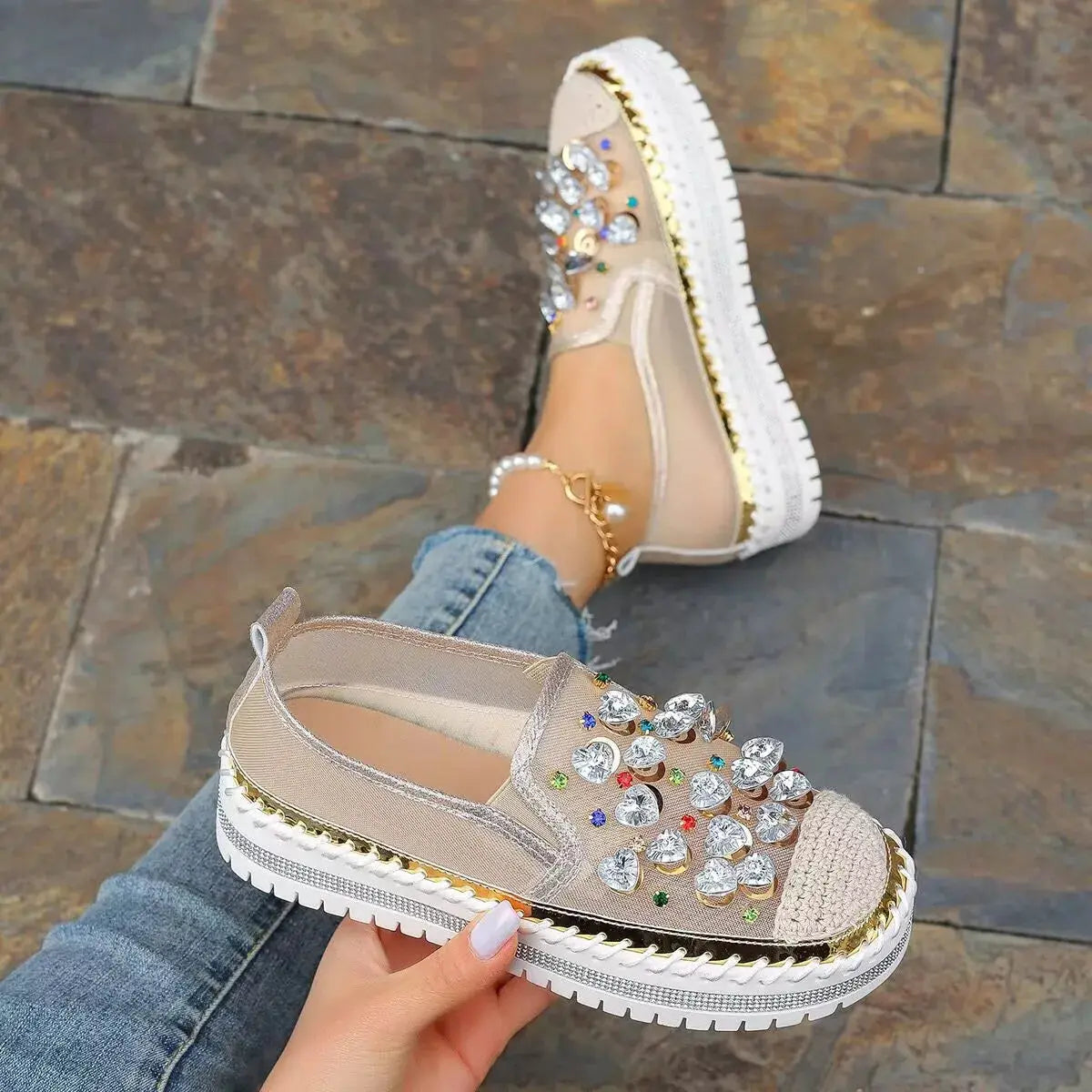 Rhinestone Decor Platform Loafers Simply Love