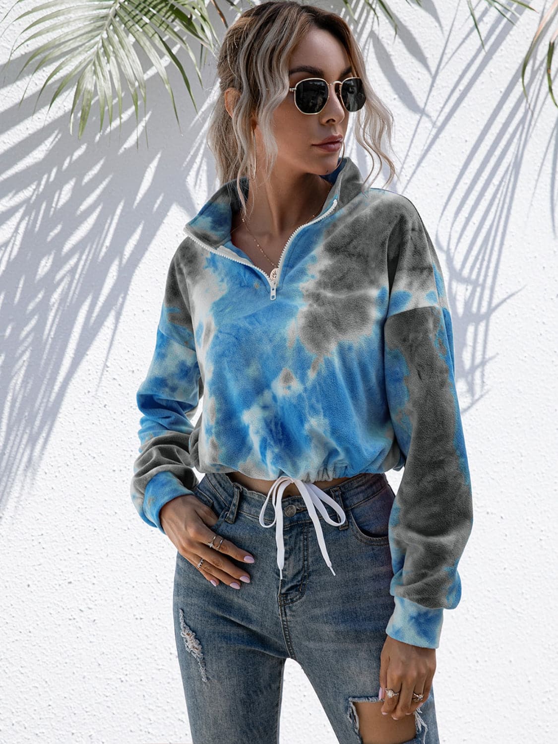 Tie-Dye Quarter Zip Dropped Shoulder Sweatshirt.