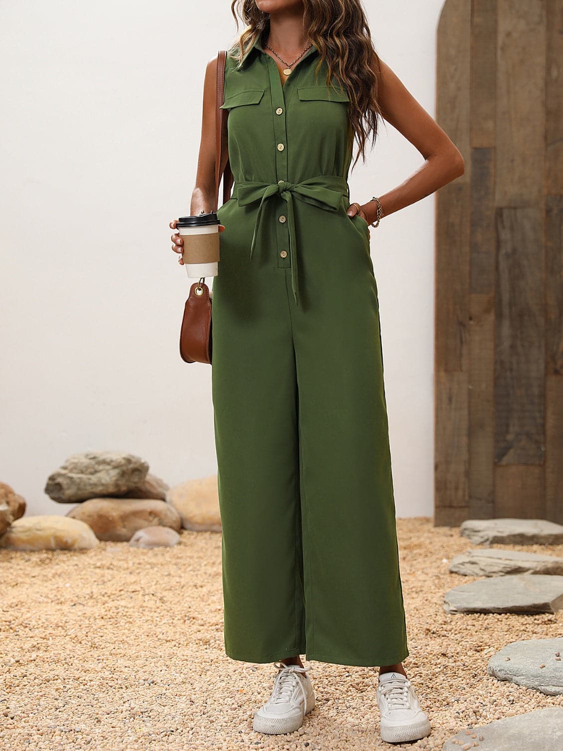 Tie Waist Sleeveless Wide Leg Jumpsuit.