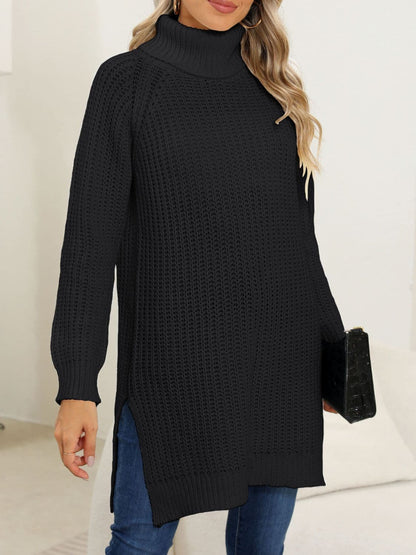 Chic slit turtleneck sweater with long sleeves