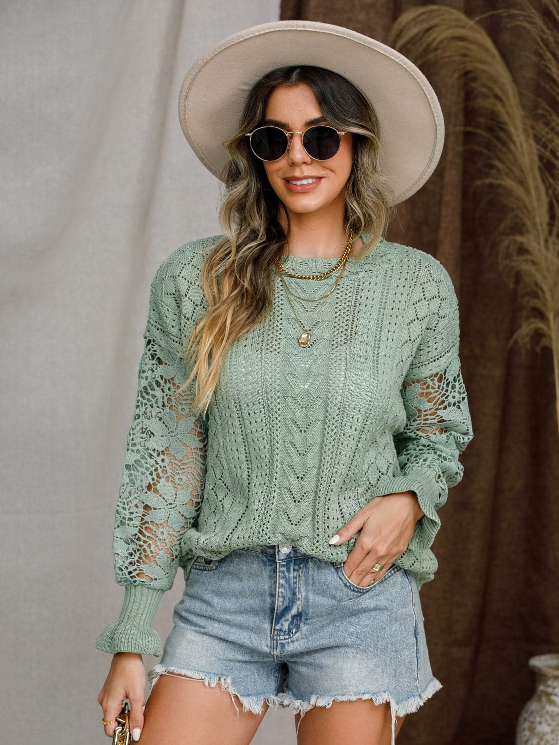 Eyelet Crochet Lantern Sleeve Sweater.