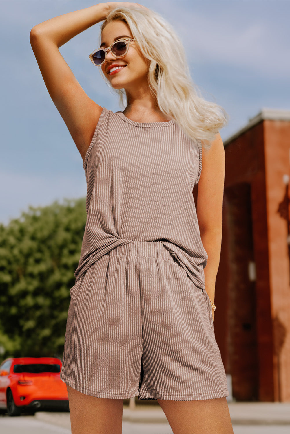 Smoke gray sleeveless top and pocketed shorts ensemble