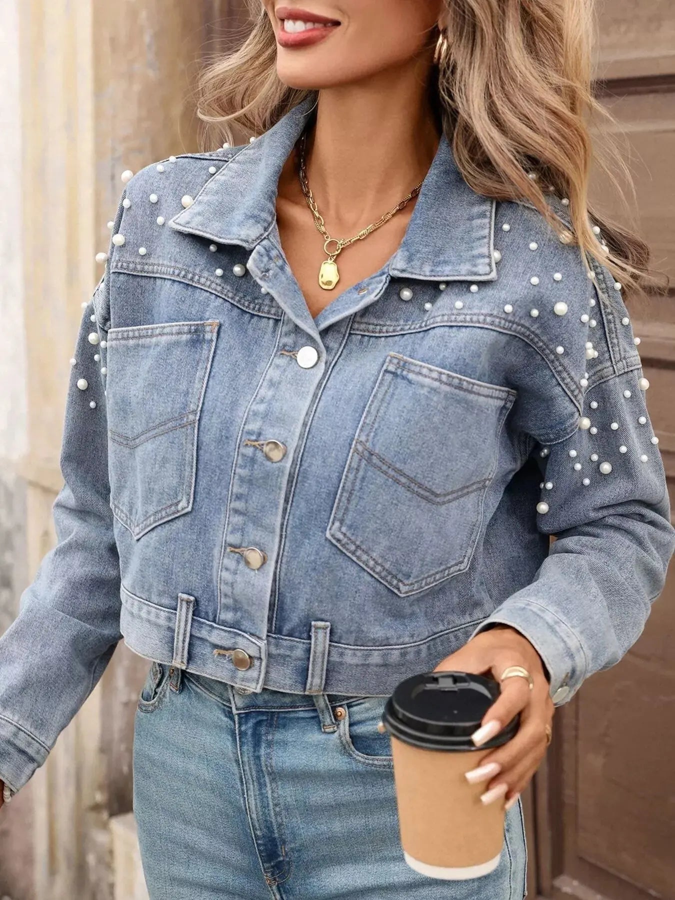 Pearl Embellished Cropped Denim Jacket Simply Love