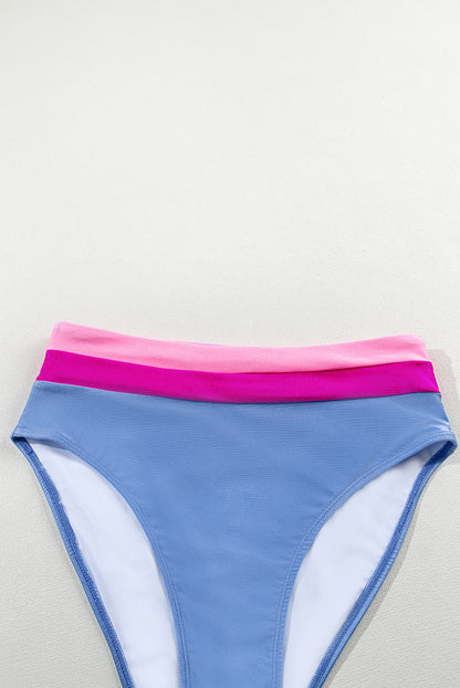 Chic light blue colorblock high-waisted bikini set