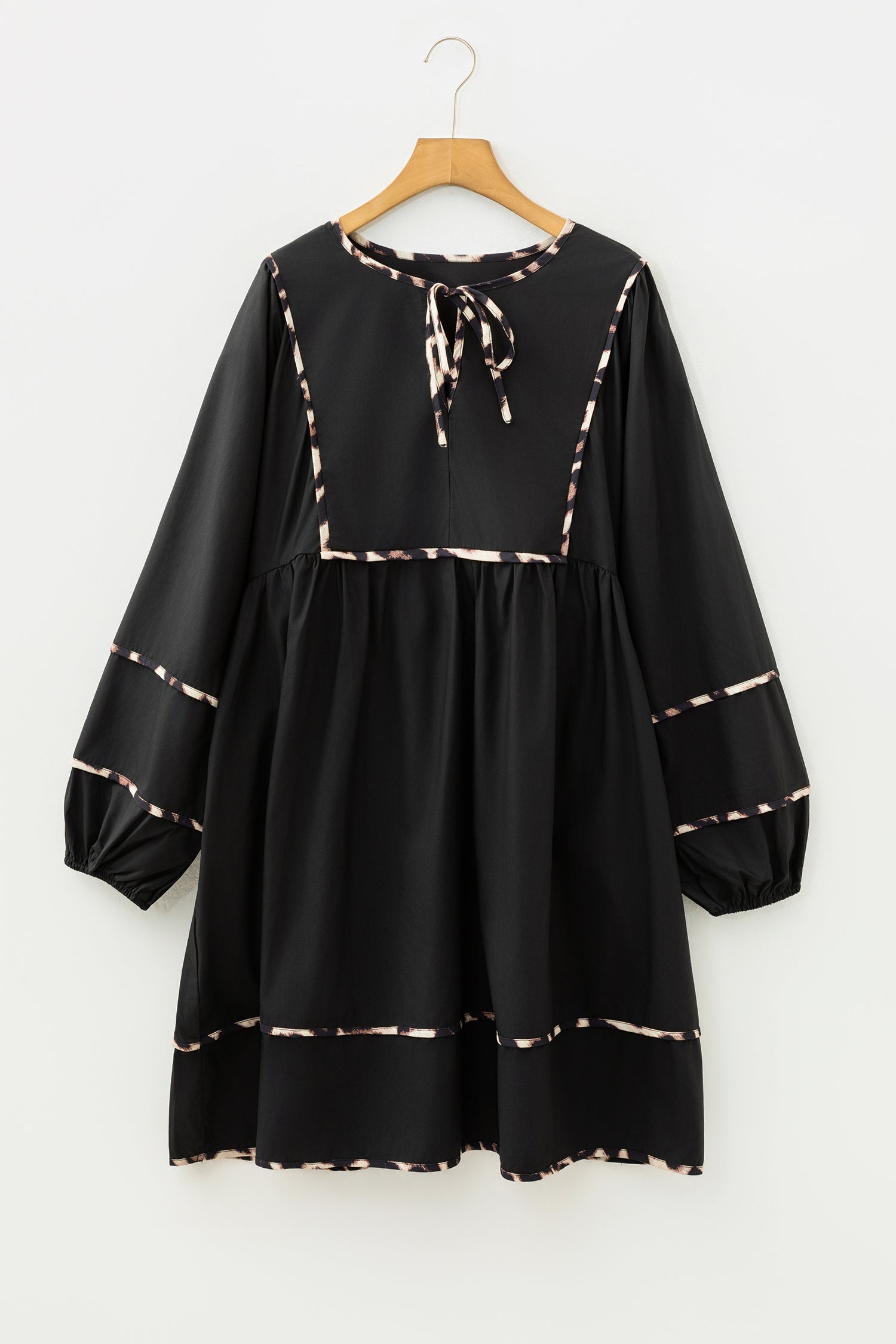 Black Plus Size Leopard Print Long Sleeve Tie Neck Flared Mini Dress Dear-Lover Dropshipping