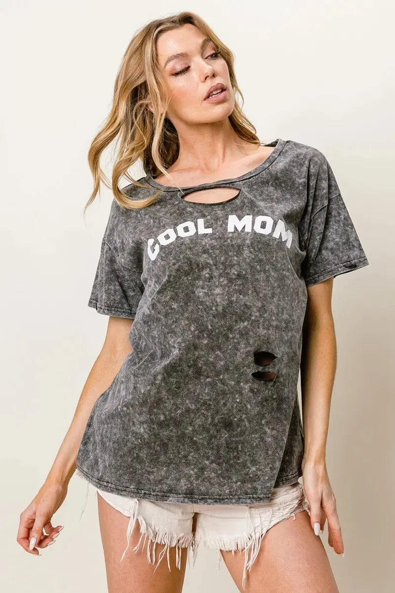 BiBi Washed Laser Cut Detail Cool Mom Print Top - Love Salve 