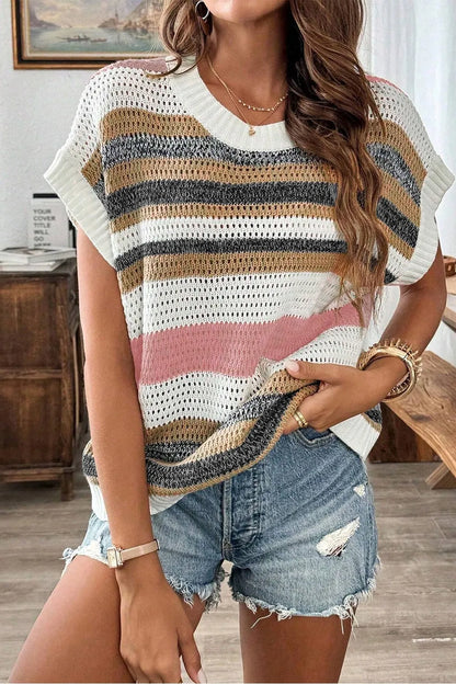 Stripe Color Block Eyelet Knit Short Sleeve Knit Top