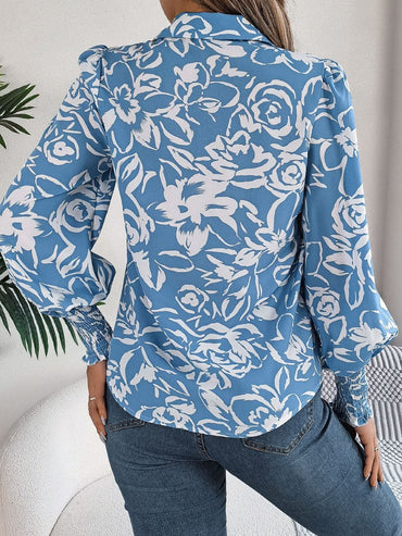 Printed Collared Neck Lantern Sleeve Shirt.