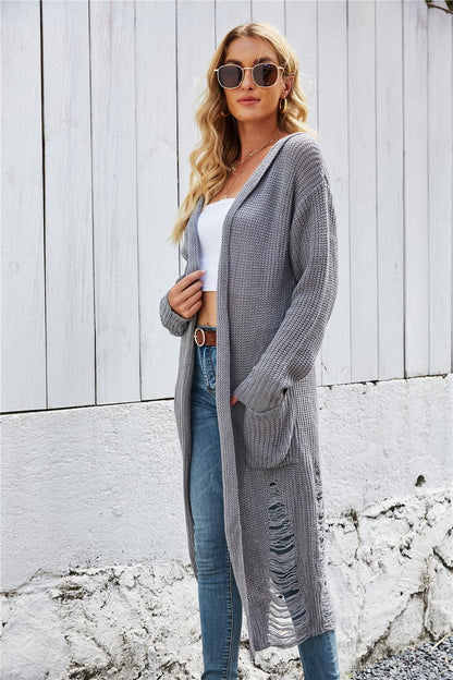 Open Front Long Sleeve Hooded Cardigan.