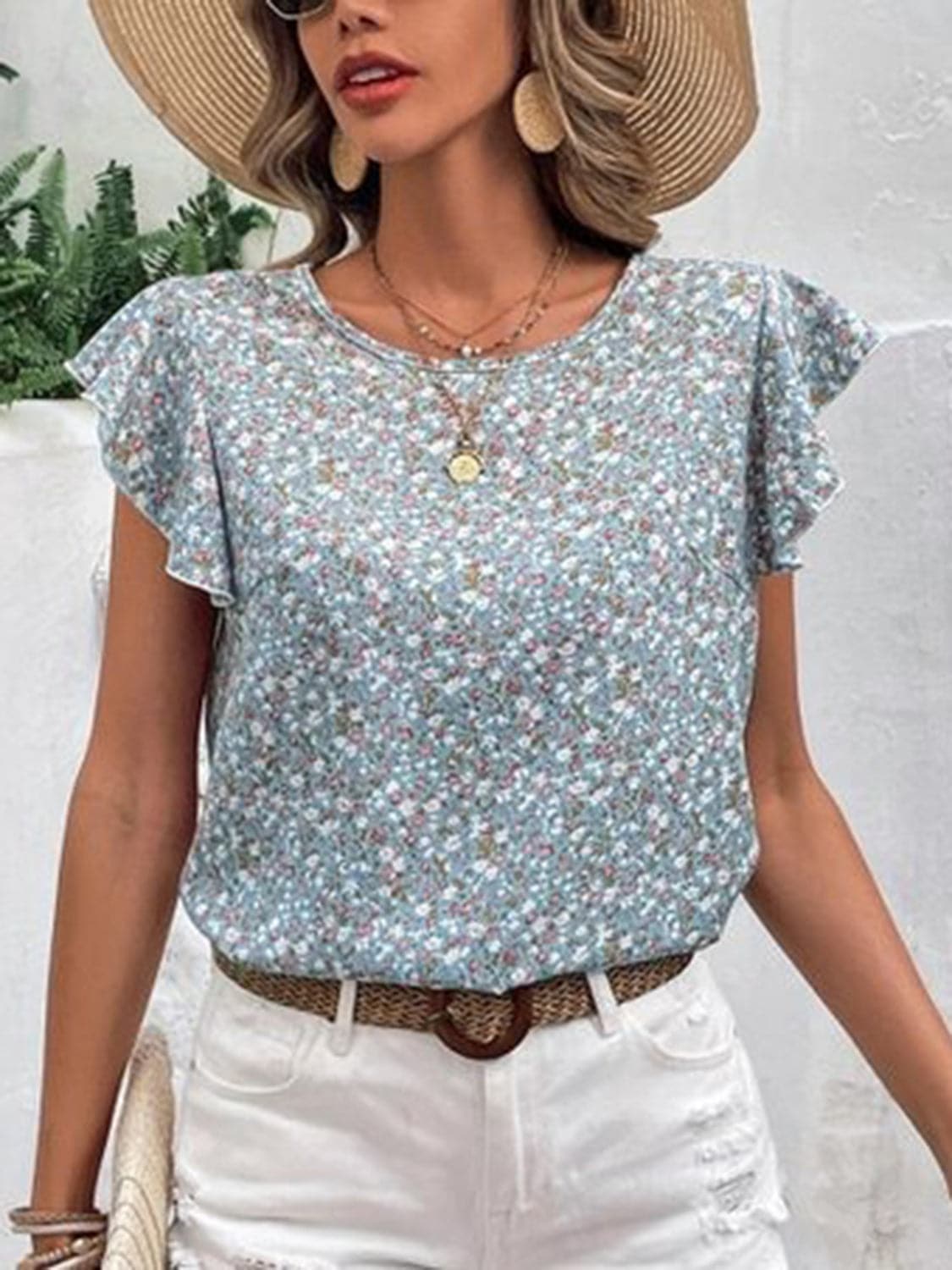 Ditsy Floral Round Neck Cap Sleeve Top.