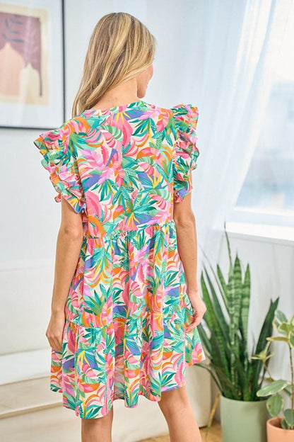 First Love Ruffled Printed Notched Cap Sleeve Dress.