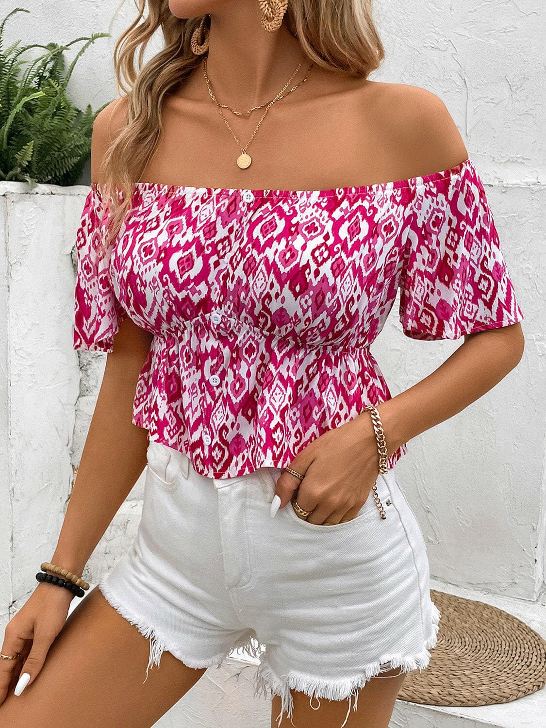 Peplum Printed Off-Shoulder Short Sleeve Blouse.