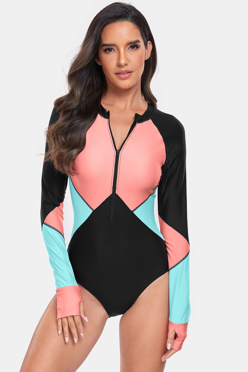 Color Block Half Zip Long Sleeve One-Piece Swimwear.