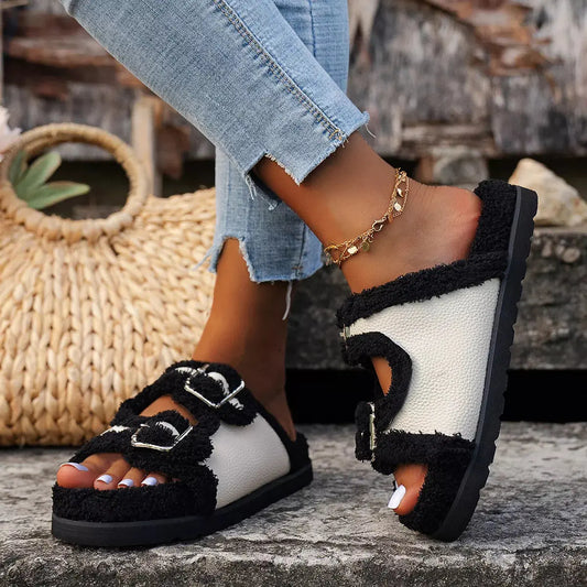 Buckle Decor Plush Lined Platform Slippers Simply Love