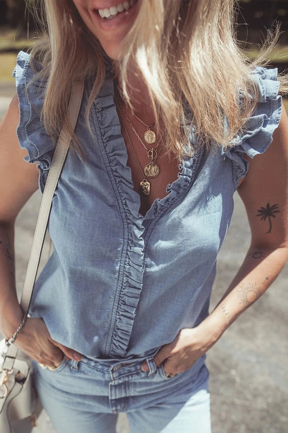 Frilly Ruffle Trim V Neck Chambray Tank Simply Love