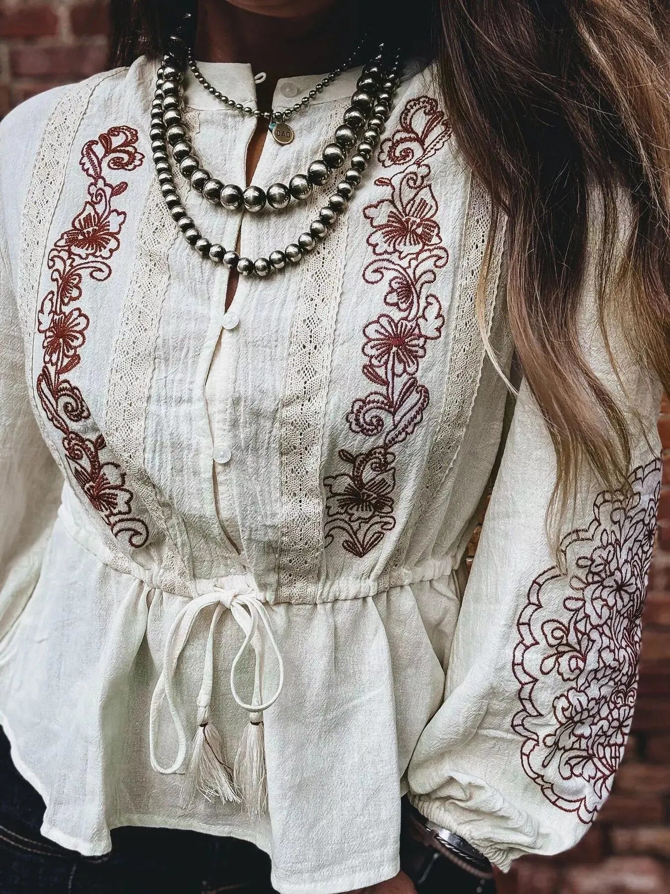 Embroidered Drawstring Waist Blouse Simply Love