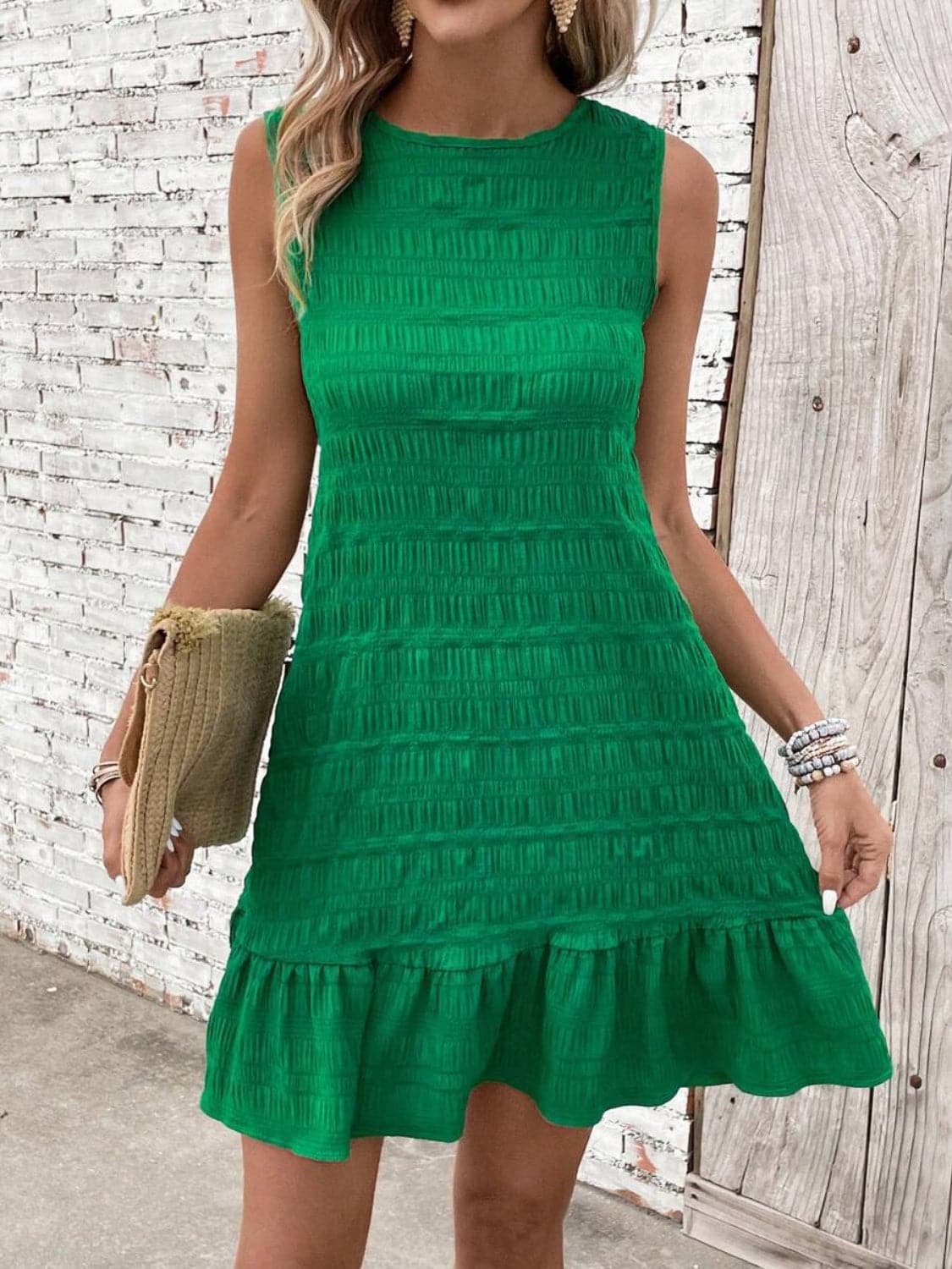 Textured Tied Round Neck Sleeveless Dress.