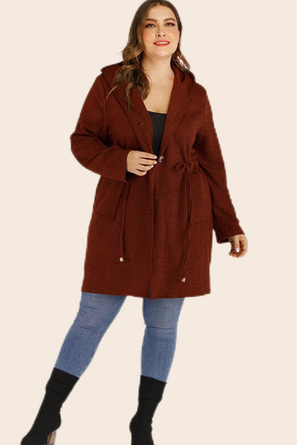 Plus Size Drawstring Waist Hooded Cardigan with Pockets.