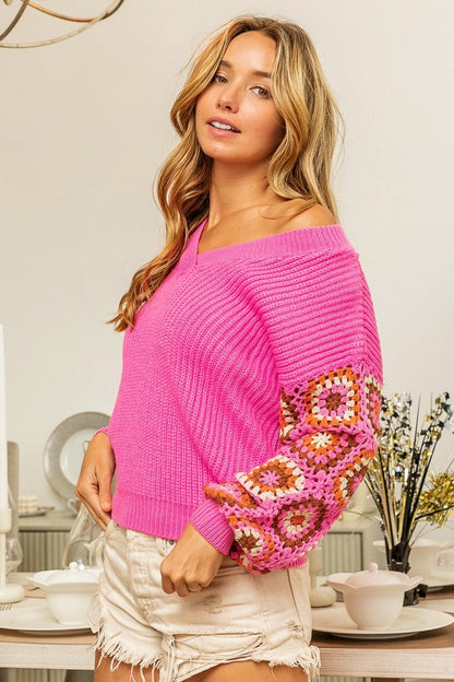 BiBi V-Neck Crochet Long Sleeve Sweater.