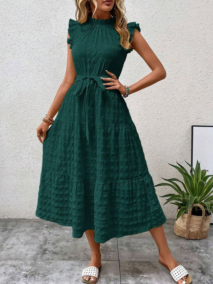 Green ruffled cap sleeve midi dress with a tied waist design.