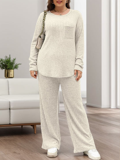 Cozy two-piece round neck top and pants ensemble