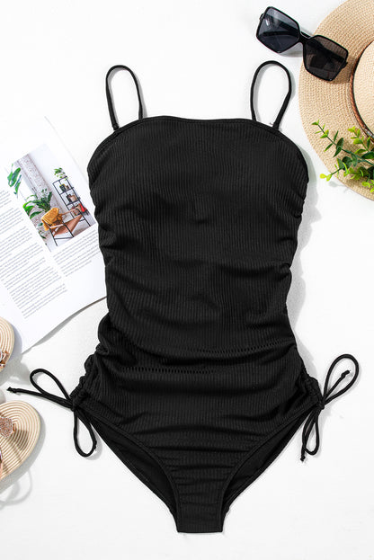 Sleek Black Ribbed Cutout Monokini with Drawstring Sides