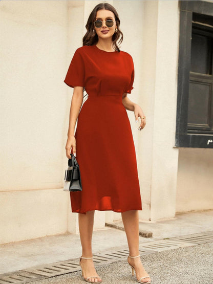 Round Neck Short Sleeve Midi Dress.