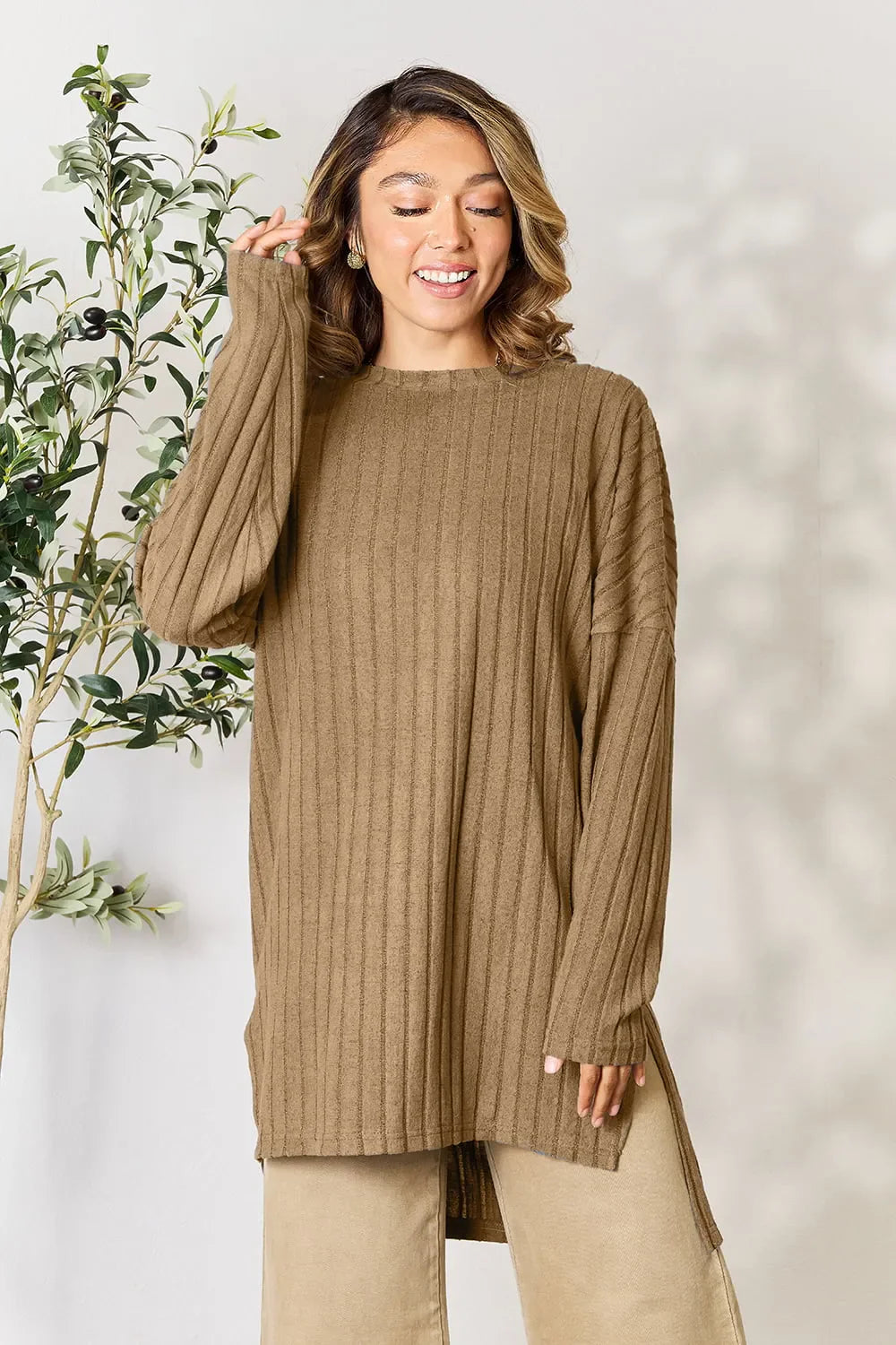 Basic Bae Full Size Ribbed Round Neck Long Sleeve Slit Top - Love Salve